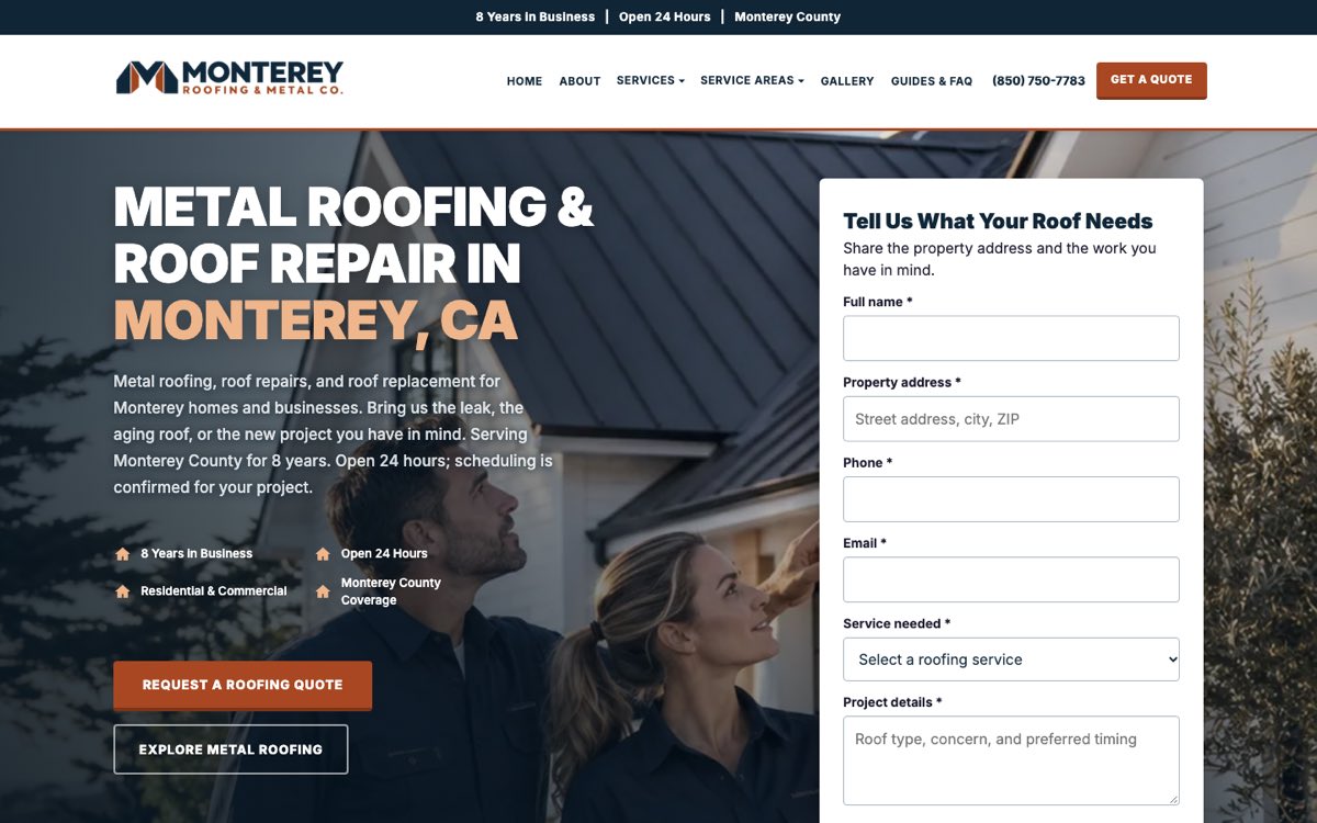 Monterey Roofing & Metal Co. website, built by Vaultio
